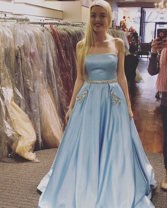 Light Blue Long Satin Prom Dresses,Beaded Prom Dresses For Teens cg20468