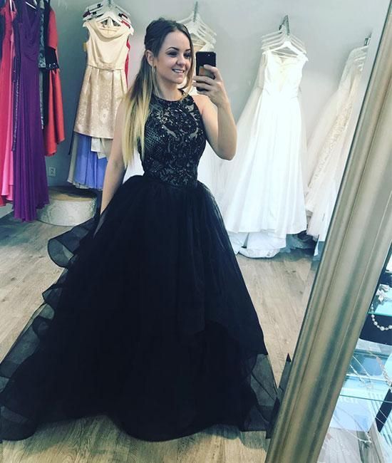 Black tulle lace long prom dress, evening dress cg20473