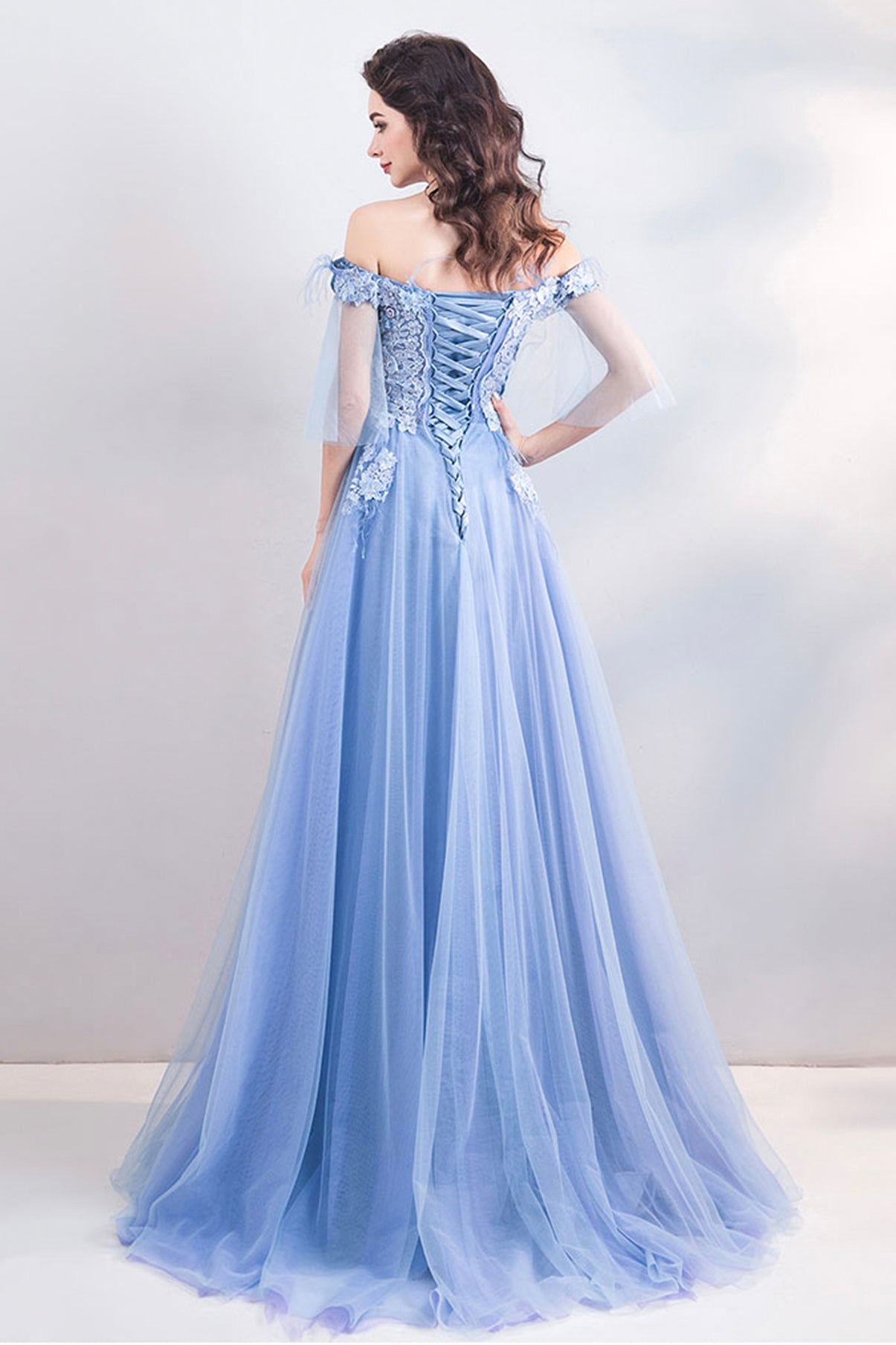BLUE LACE LONG A LINE PROM DRESS BLUE EVENING DRESS cg20490