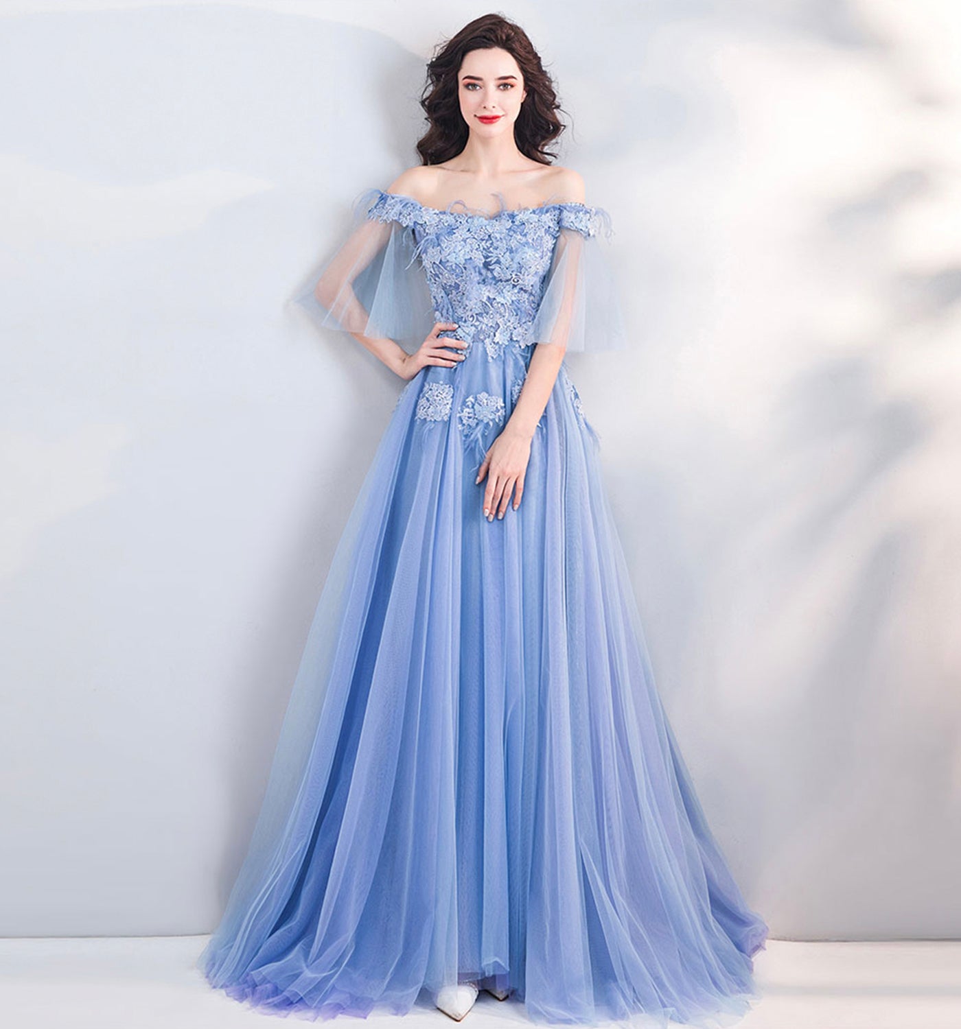 BLUE LACE LONG A LINE PROM DRESS BLUE EVENING DRESS cg20490