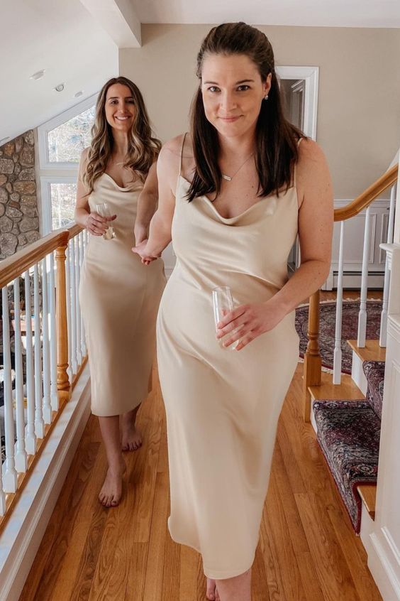 nude color midi length slip bridesmaid prom dress cg20491