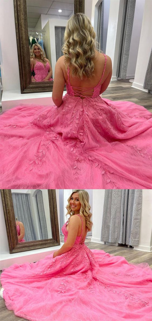 2021 A-Linie, leuchtend rosa, langes Ballkleid mit Spitzenapplikationen und Schnürung am Rücken, cg20499