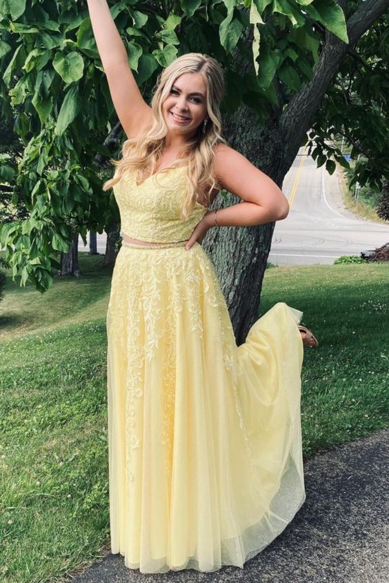two piece yellow lace appliqued long prom dress graduation dress cg20500