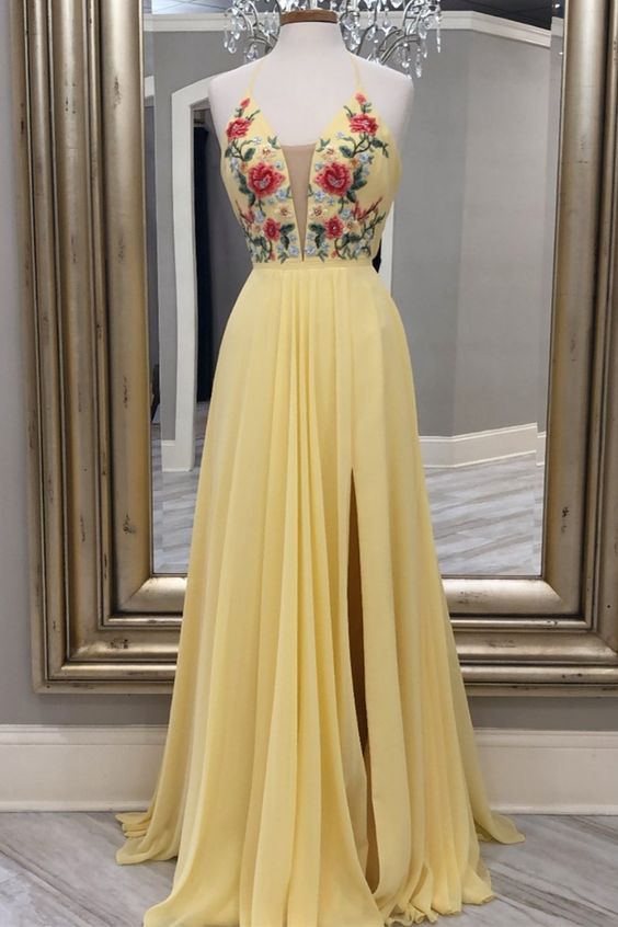 A-line yellow floral embroidery long prom dress with side slit cg20503