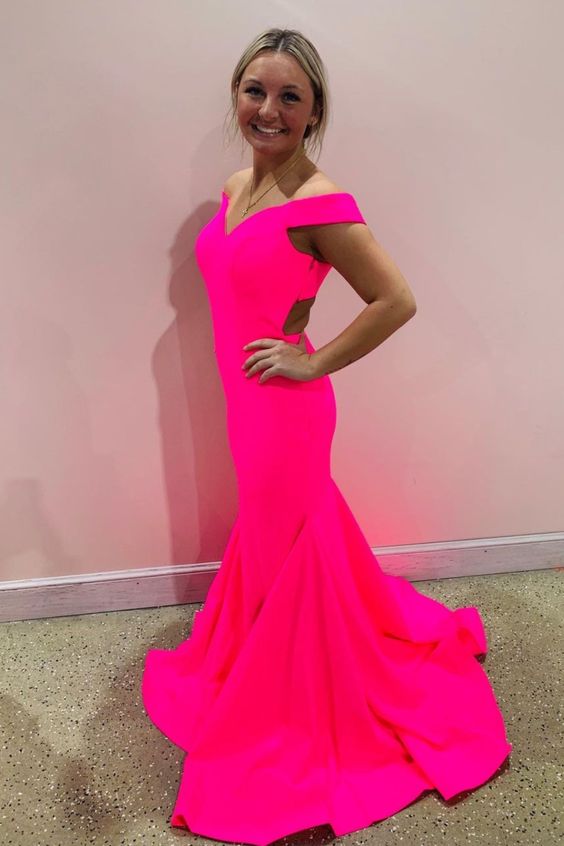 off the shoulder mermaid hot pink long party prom dress with cross back cg20505