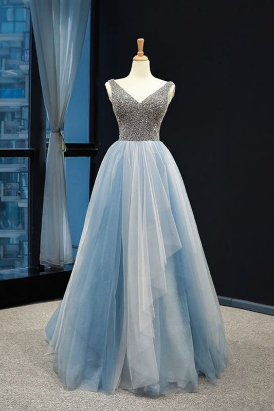 2021 A-Linie Perlenbesetztes blaues langes Ballkleid Abendkleid cg20506