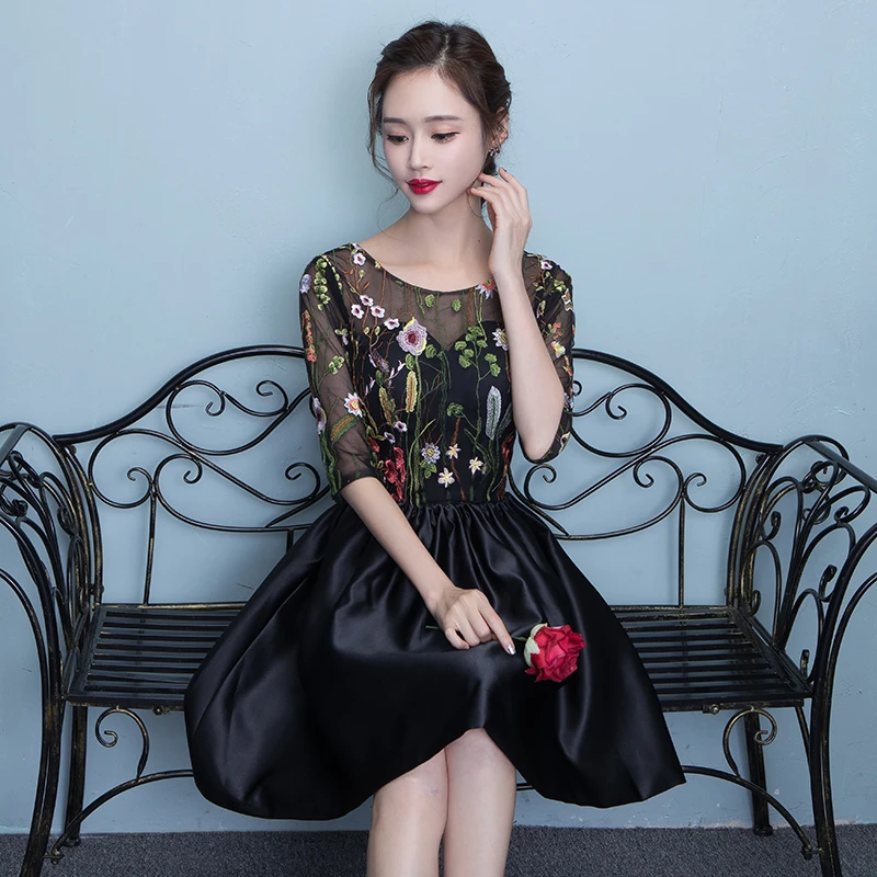 Black Floral Lace Short Sleeves Homeocming Dress, Back Party Dress Wedding Party Dress cg20523
