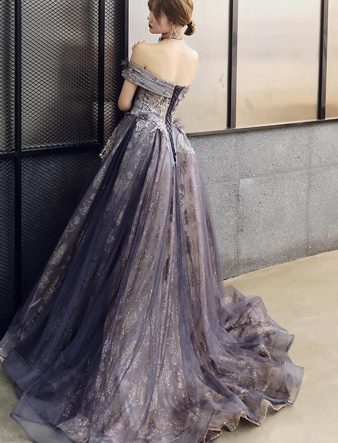 Purple Tulle Sweetheart With Flowers Long Formal Gown, A-Line Off Shoulder Party prom Dress cg20526