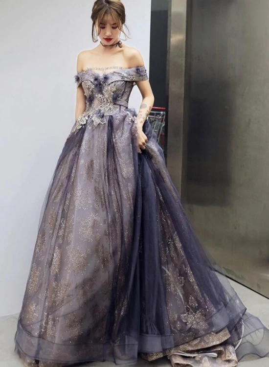Purple Tulle Sweetheart With Flowers Long Formal Gown, A-Line Off Shoulder Party prom Dress cg20526