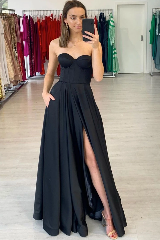 Schlichtes langes Ballkleid aus schwarzem Satin, schwarzes Abendkleid aus Satin, cg20528