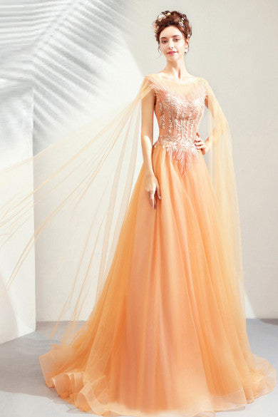 Glamorous A-line Prom Dresses Champagne Brush Train Evening Dress cg20532
