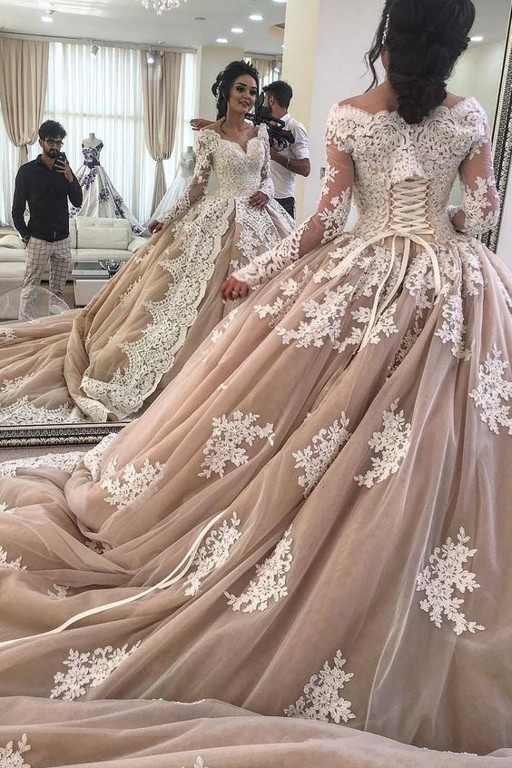Long Sleeves Lace Champagne Ball Gown prom Dress for Bride cg20536 classygown Long Sleeves Lace Champagne Ball Gown prom Dress for Bride cg20536 classygown
