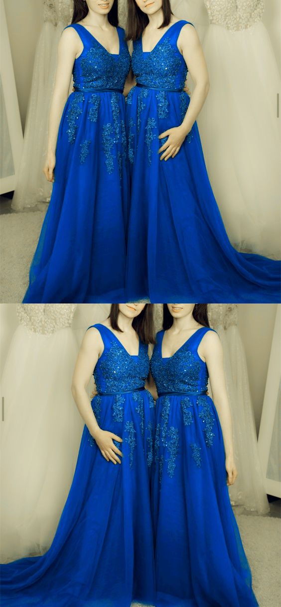 Ballkleider Elegante Königsblaue Brautjungfernkleider Spitzenapplikationen V-Ausschnitt cg20542