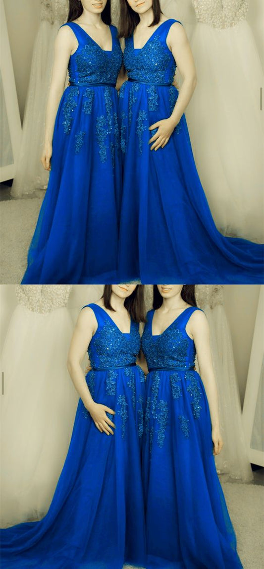 Ballkleider Elegante Königsblaue Brautjungfernkleider Spitzenapplikationen V-Ausschnitt cg20542