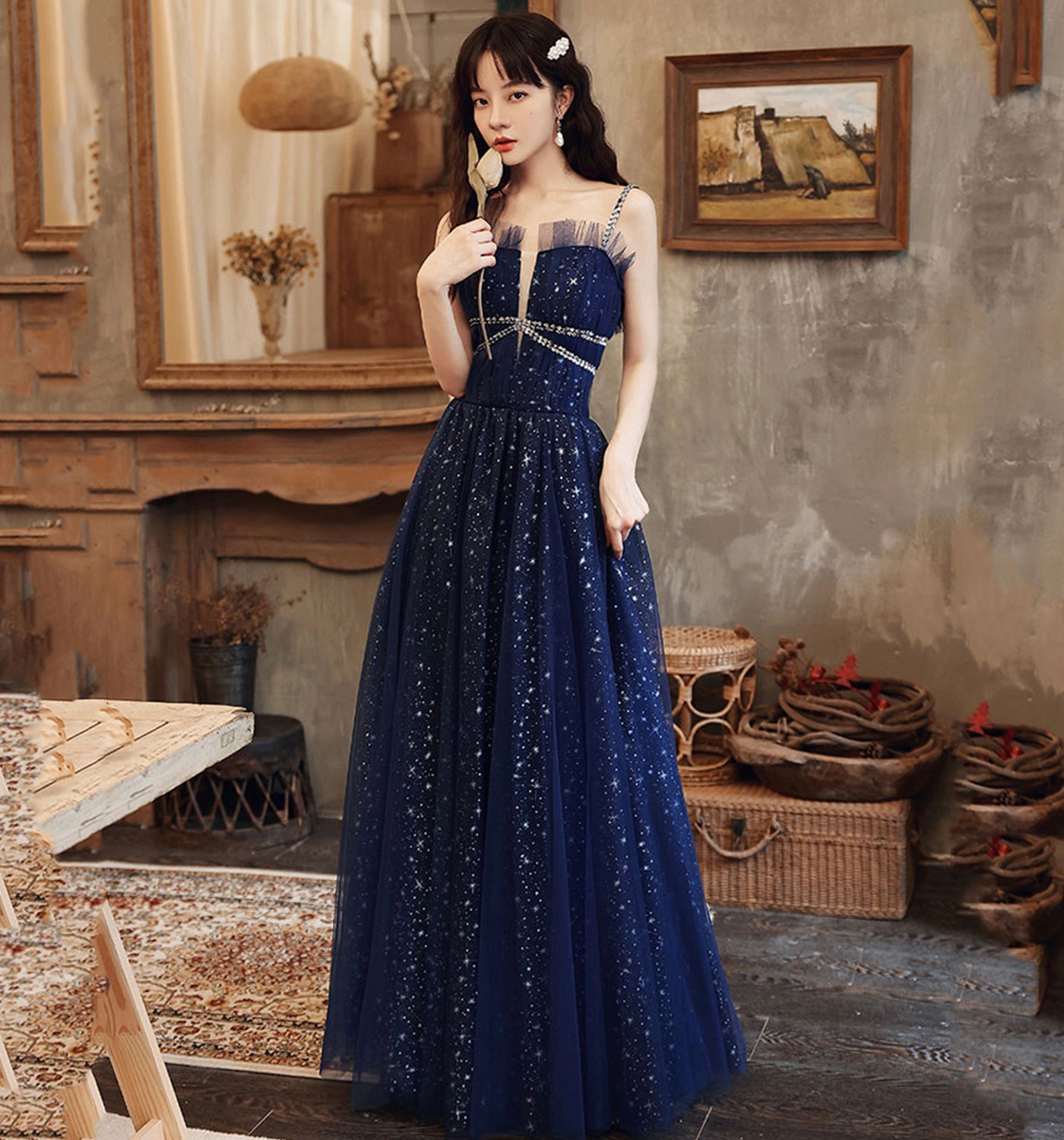 BLUE TULLE LONG A LINE PROM DRESS BLUE EVENING DRESS cg20546