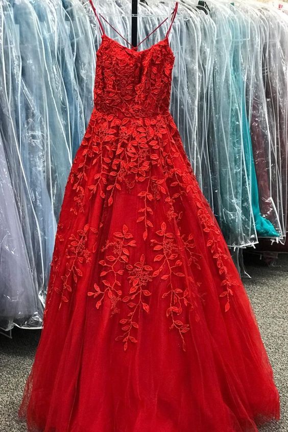 A-line red lace appliques long prom dress formal dress cg20554