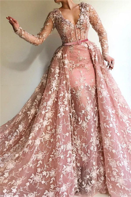 Sexy durchsichtiges Tüll-Ballkleid mit langen Ärmeln in Rosa cg20569