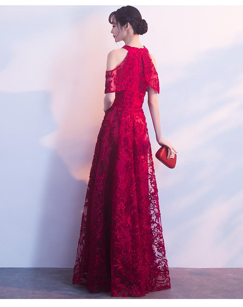 Wunderschönes langes Brautjungfernkleid aus dunkelroter Spitze mit Neckholder, weinrotes A-Linien-Ballkleid cg20572