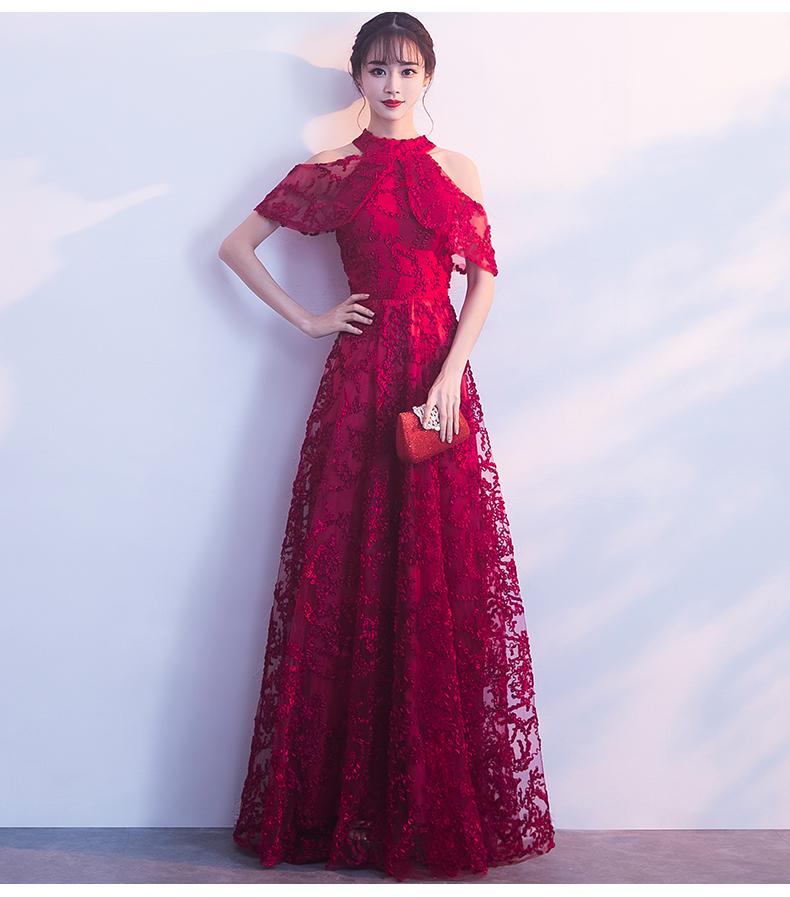 Wunderschönes langes Brautjungfernkleid aus dunkelroter Spitze mit Neckholder, weinrotes A-Linien-Ballkleid cg20572