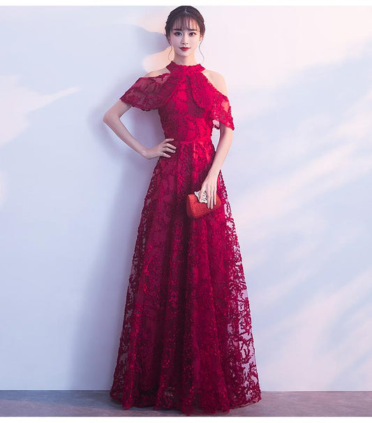 Wunderschönes langes Brautjungfernkleid aus dunkelroter Spitze mit Neckholder, weinrotes A-Linien-Ballkleid cg20572