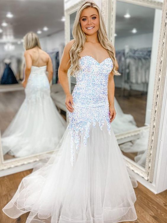 Charming Mermaid White Sequins Prom Dresses cg20577