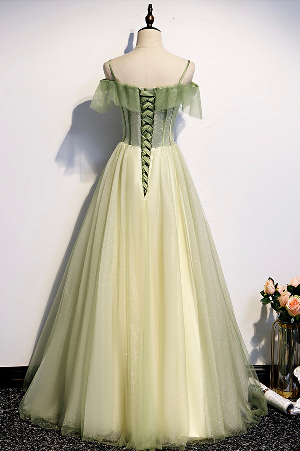 GREEN TULLE LACE LONG A LINE PROM DRESS EVENING DRESS cg20604