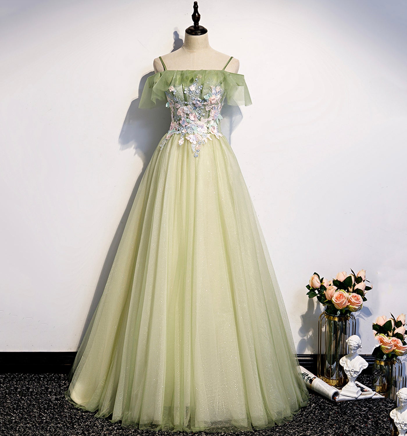 GREEN TULLE LACE LONG A LINE PROM DRESS EVENING DRESS cg20604