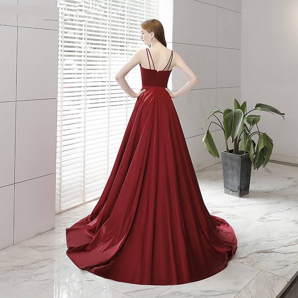 Weinrotes langes formelles A-Linien-Ballkleid mit Schlitz cg20611