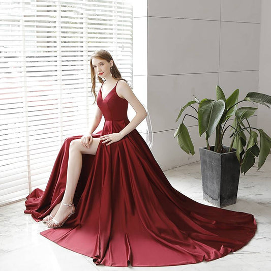 Weinrotes langes formelles A-Linien-Ballkleid mit Schlitz cg20611