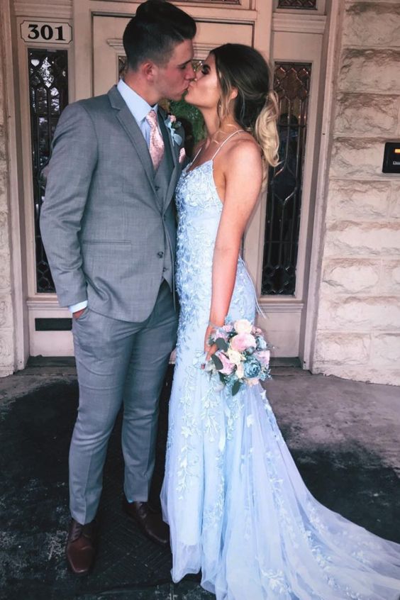 mermaid light blue lace long prom dress with lace up back cg20614