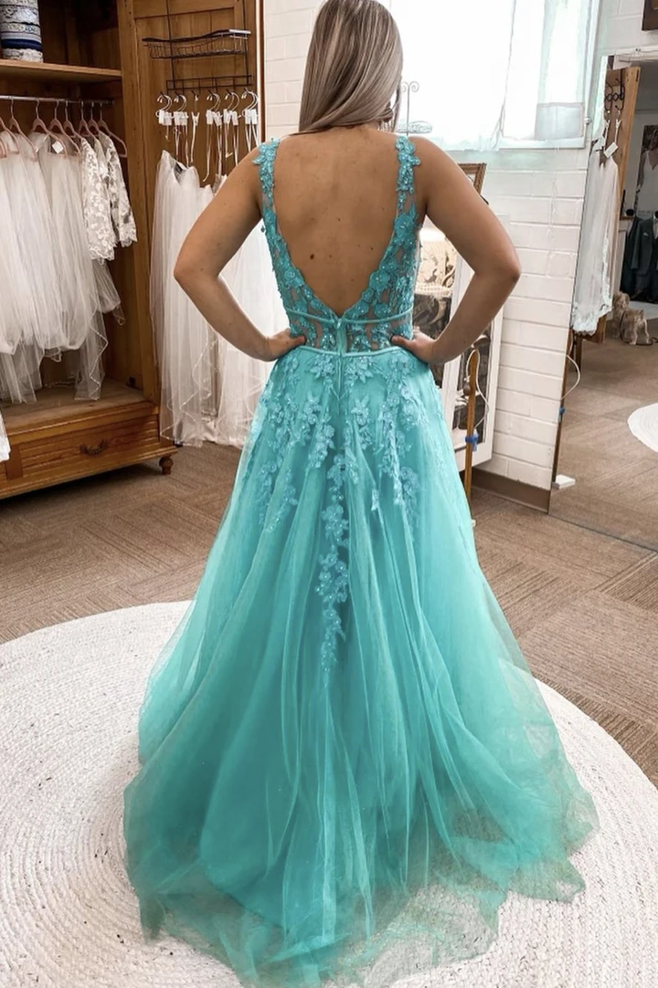 Blue v neck lace long A line prom dress blue evening dress cg20616