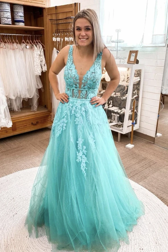 Blue v neck lace long A line prom dress blue evening dress cg20616