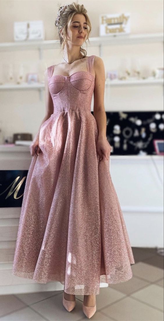 pink glitter prom dresses sweetheart corset ankle length cg20622