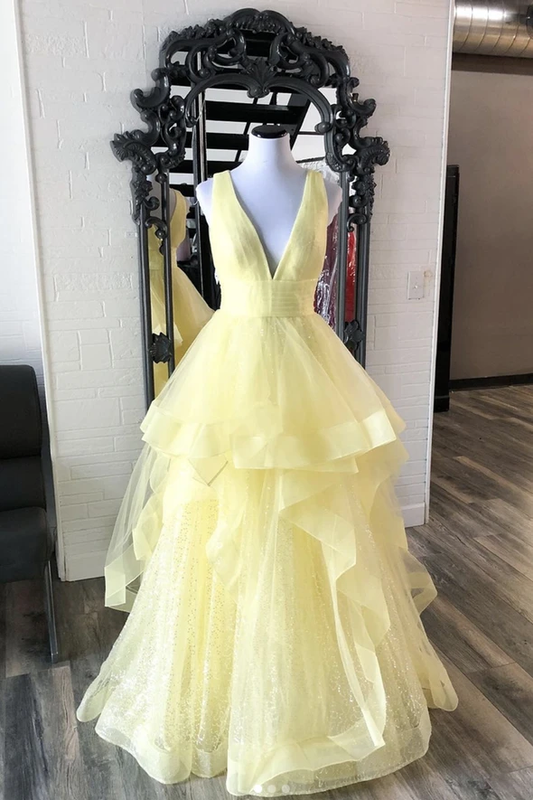 Gelbes langes A-Linien-Ballkleid aus Tüll mit V-Ausschnitt, cg20633