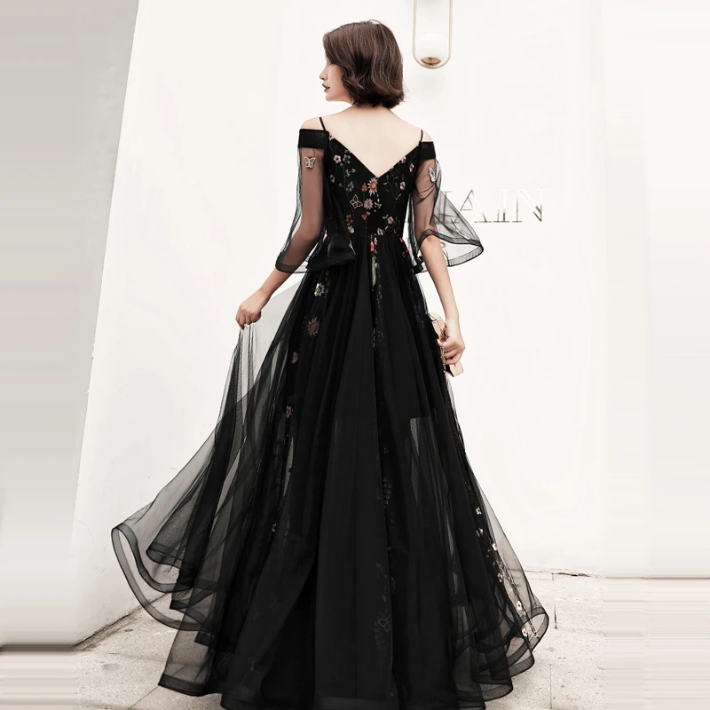 Black Floral Off Shoulder Floor Length Party Dress, Black Tulle Prom Dress Formal Dress cg20634