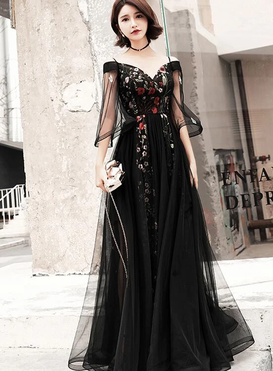 Black Floral Off Shoulder Floor Length Party Dress, Black Tulle Prom Dress Formal Dress cg20634