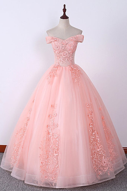Rosa Off Shoulder Stickerei Spitze Applikation Langes Quinceanera Kleid, Sweet 16 Ballkleid cg2064