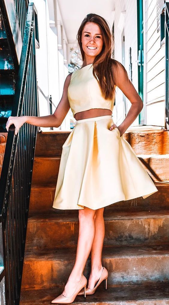 Two piece yellow homecoming dresses with pockets cg20645 classygown Two piece yellow homecoming dresses with pockets cg20645 classygown