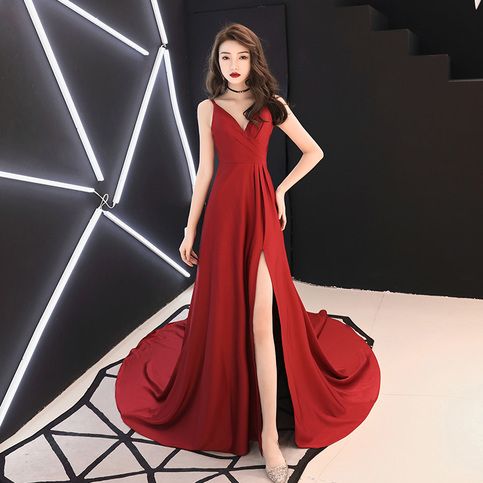 Burgunderrotes langes Chiffon-Ballkleid mit V-Ausschnitt, Abendkleid cg2065