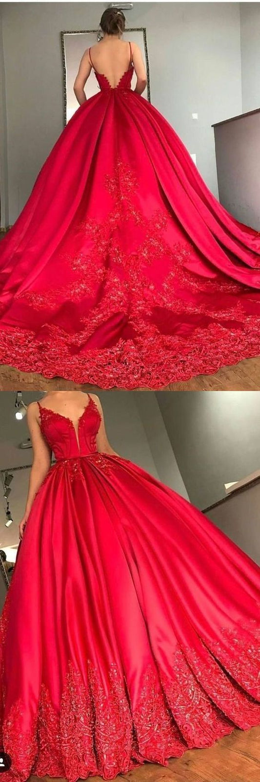 2021 Ballkleid Spaghettiträger Hofschleppe Satin mit Applikation Schnürung Ballkleid cg20656