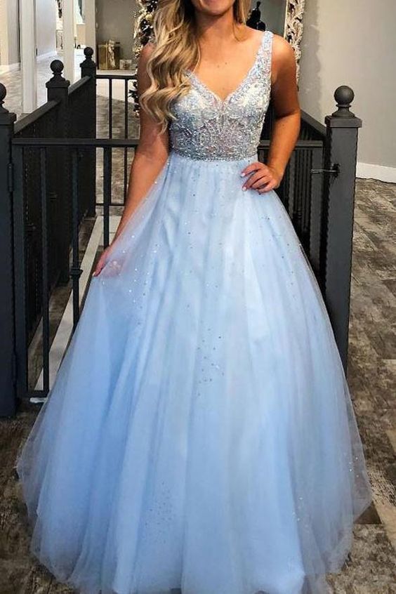 A-Linie Prinzessin Hellblau Spitze Durchsichtig Ballkleid Formelle Abendkleider cg20657