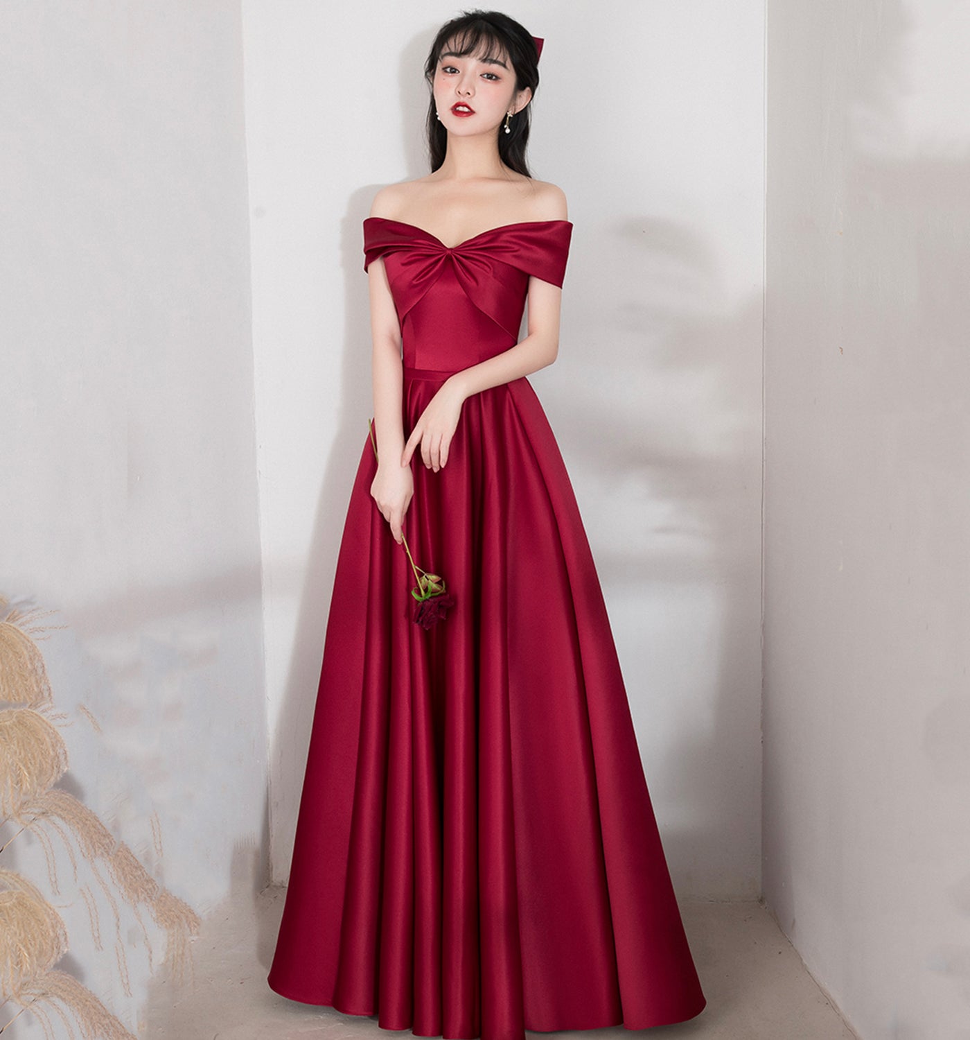BURGUNDY SATIN LONG A LINE PROM DRESS EVENING DRESS cg20661