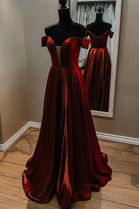 off the shoulder burgunyd long prom dress cg20663