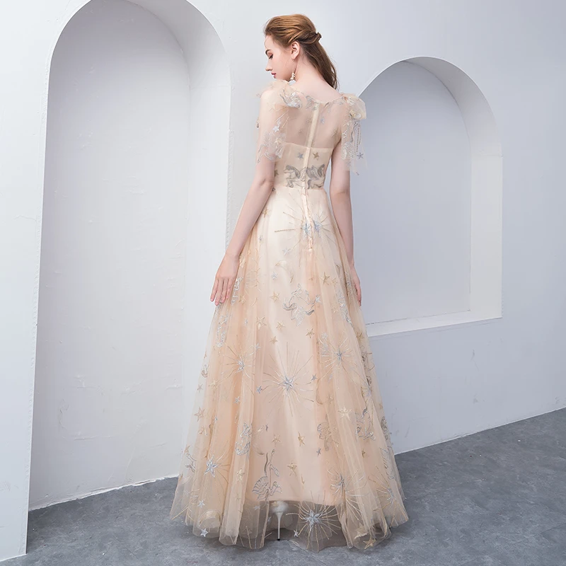 Helles Champagner, schönes A-Linien-Partykleid in Bodenlänge, süßes Brautjungfernkleid aus Tüll, Abschlussballkleid, Abendkleid cg20677