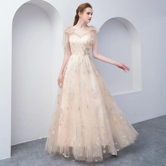 Helles Champagner, schönes A-Linien-Partykleid in Bodenlänge, süßes Brautjungfernkleid aus Tüll, Abschlussballkleid, Abendkleid cg20677