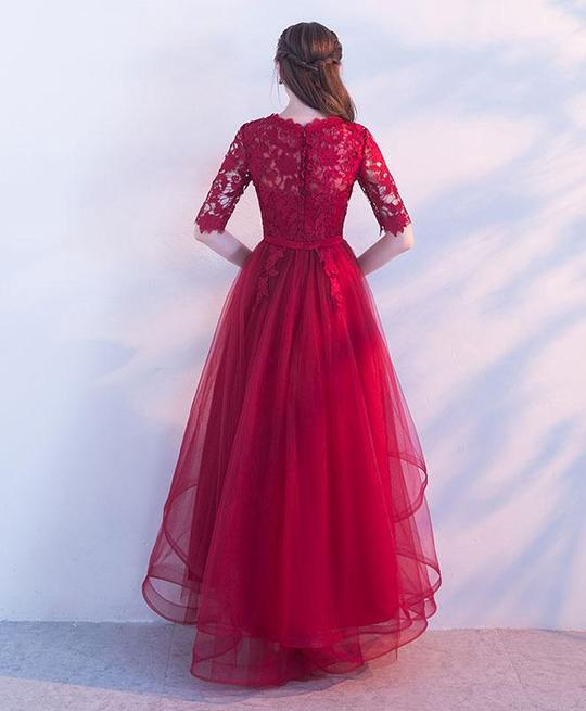Weinrotes langes Partykleid aus Spitze mit 1/2 Ärmeln und Tüll, A-Linie, Lagen-Tüll-Ballkleid cg20679