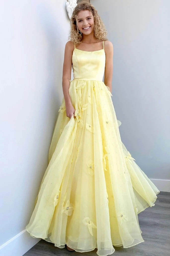 Langes gelbes Ballkleid aus Tüll, gelbes Abendkleid, cg20681