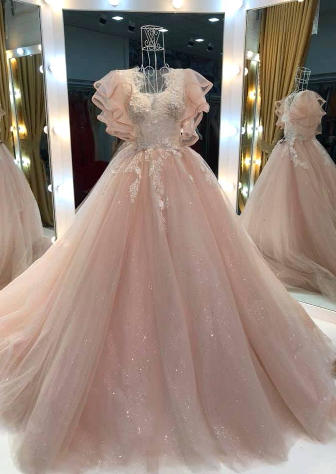tulle princess long formal prom dress, long pink evening dress cg20683