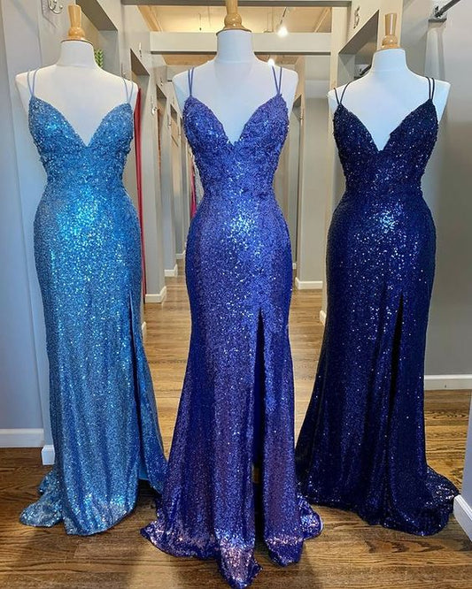 2021 Glitzerndes Meerjungfrau-Ballkleid mit V-Ausschnitt und Pailletten und Schlitz, cg20699