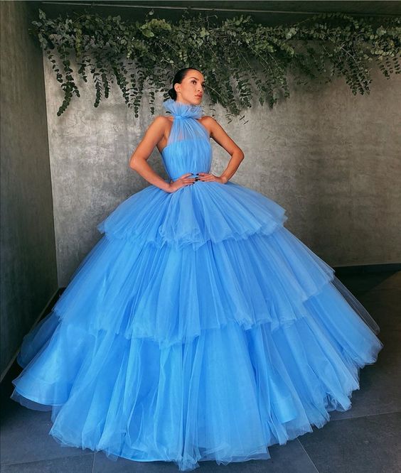 Princess Blue Prom Ball Gown Dresses with Layers Tulle Skirt cg20701